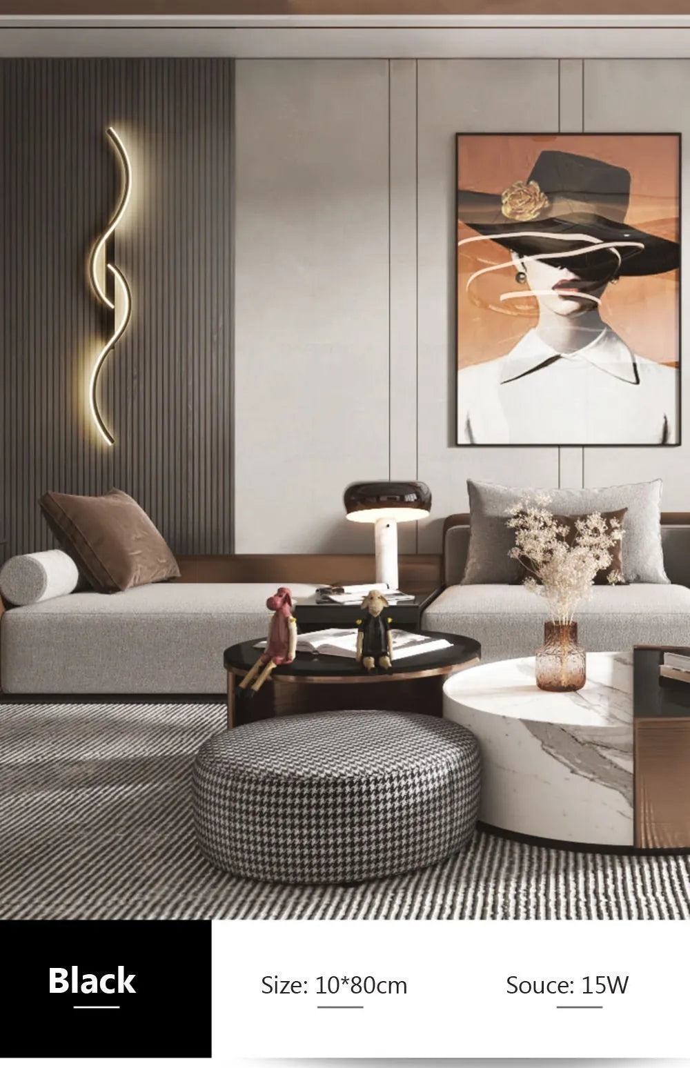A modern minimalist LED wall lamp illuminates a stylish interior space with warm light.