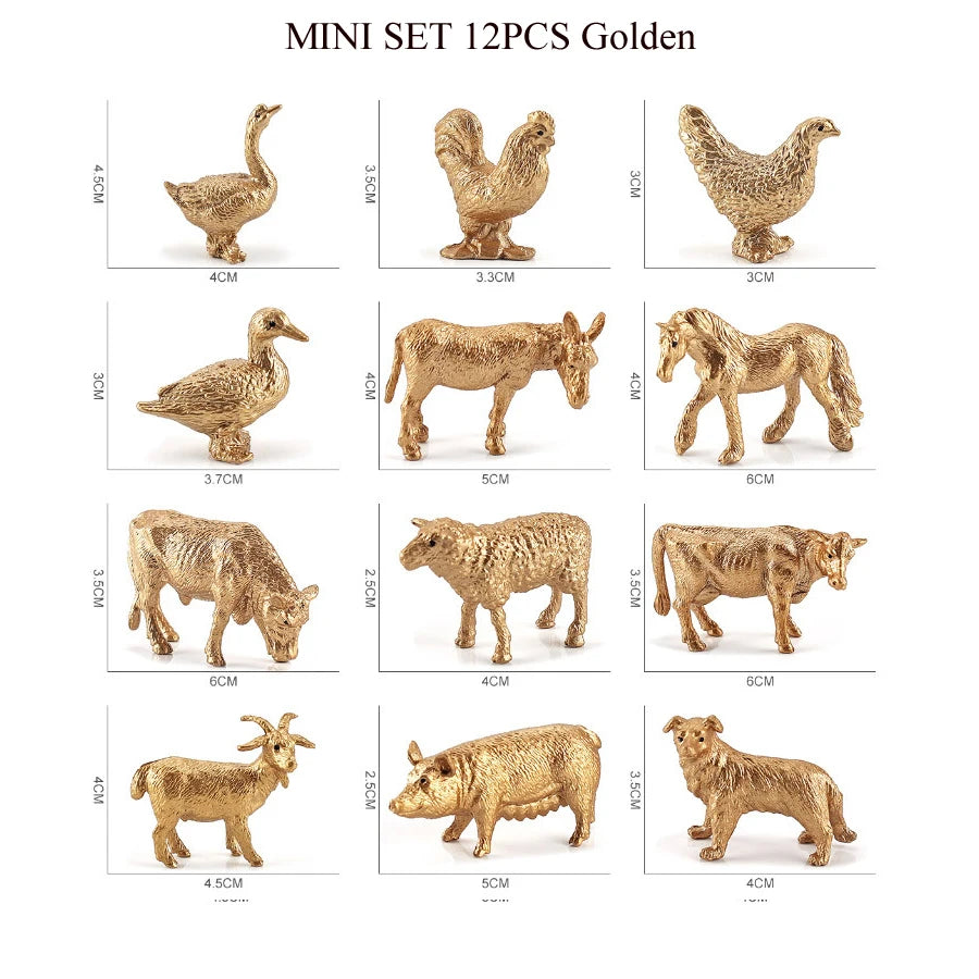 A set of twelve gold-colored realistic animal figurines, including a turkey, goose, deer, and various farm animals.