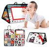 A high-contrast crinkle cloth book with a tummy time mirror for babies, featuring various colorful patterns and a window fram