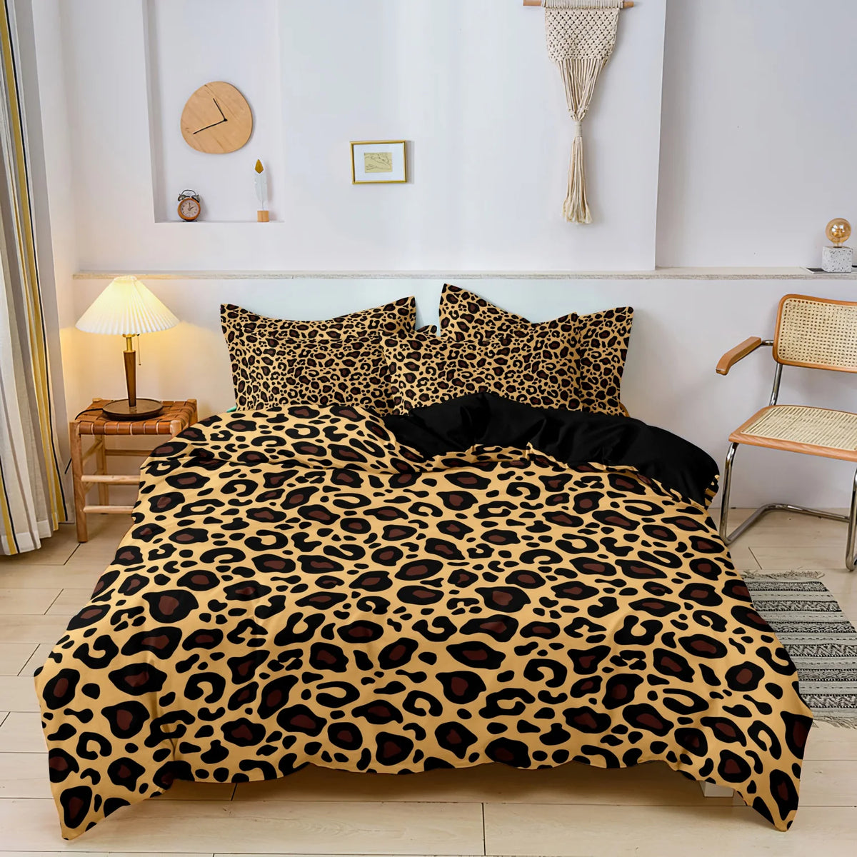 Dark Leopard Print Duvet Cover Set with Two Pillowcases