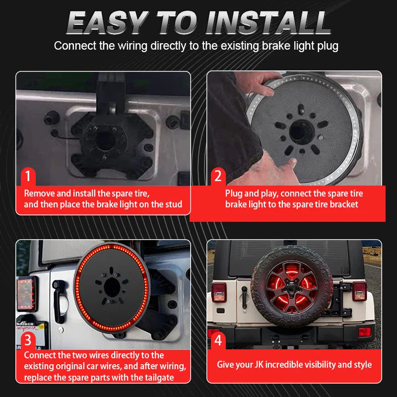 Instructions show how to install a spare tire brake light on a Jeep Wrangler using existing wiring and brackets.