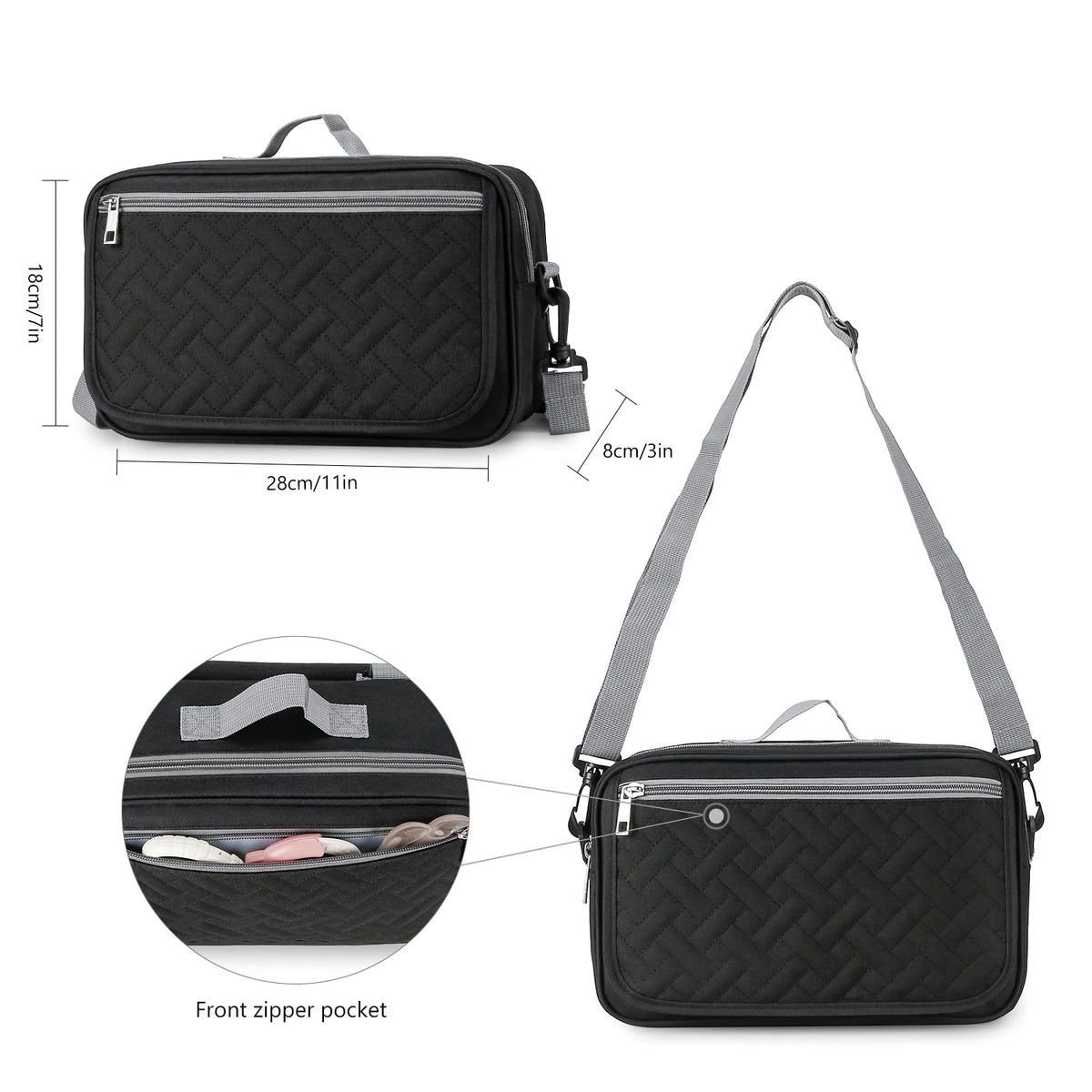 Black compact stroller diaper bag organizer featuring a front zipper pocket and carrying strap.