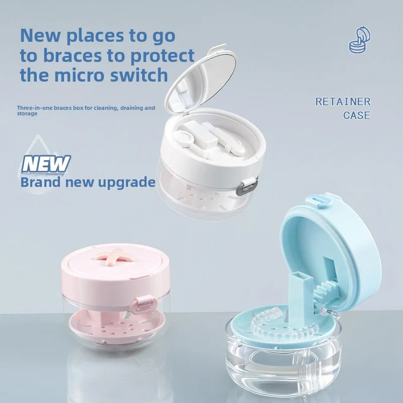 A clear container holding a pink portable retainer and denture cleaning case with effervescent tablets.