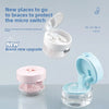 A clear container holding a pink portable retainer and denture cleaning case with effervescent tablets.