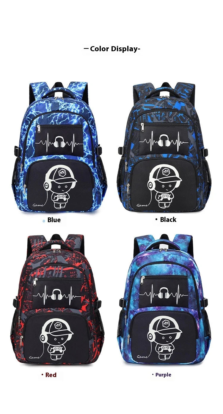 Set wasserdichte Graffiti-Rucksäcke in Blau, Schwarz, Rot und Lila mit stilisiertem Schädeldesign