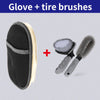 A pair of black and cream glove plus tire brushes for car washing.