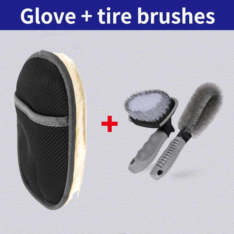A pair of black and cream glove plus tire brushes for car washing.