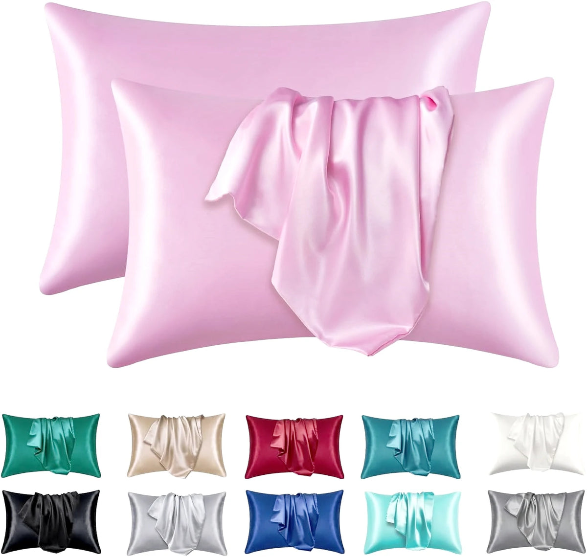 Un juego de fundas de almohada de seda satinada en varios tonos, incluyendo rosa, verde azulado, púrpura y gris.