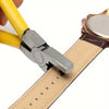 Silver leather hole punch pliers with a yellow handle and a tan leather strap.