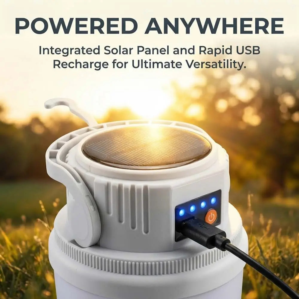 A white portable solar and USB rechargeable camping lantern is shown outdoors with warm sunlight.