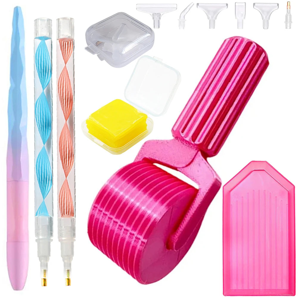 A set of pink and clear detachable diamond painting roller tools and accessories.