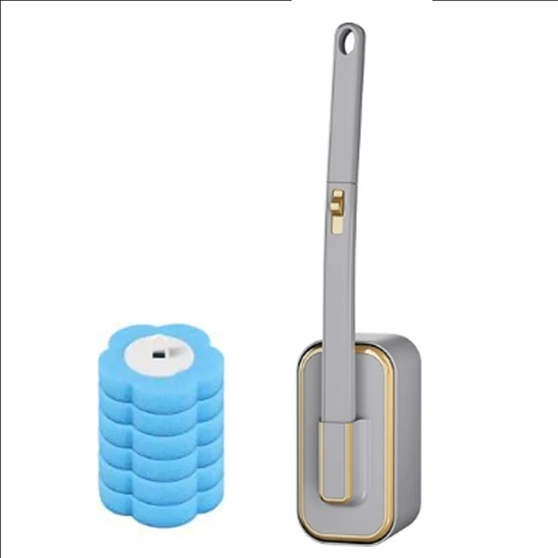 A disposable toilet brush set with an automatic lid and replacement heads shown in a vertical orientation.