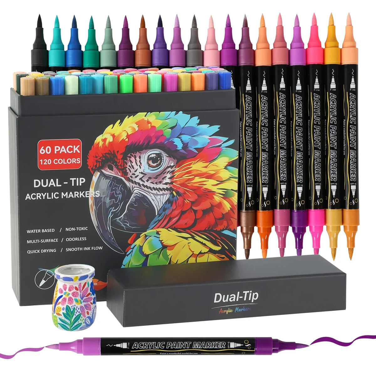 A box of 60 dual-tip acrylic paint markers featuring various colors and an illustration of a macaw head.