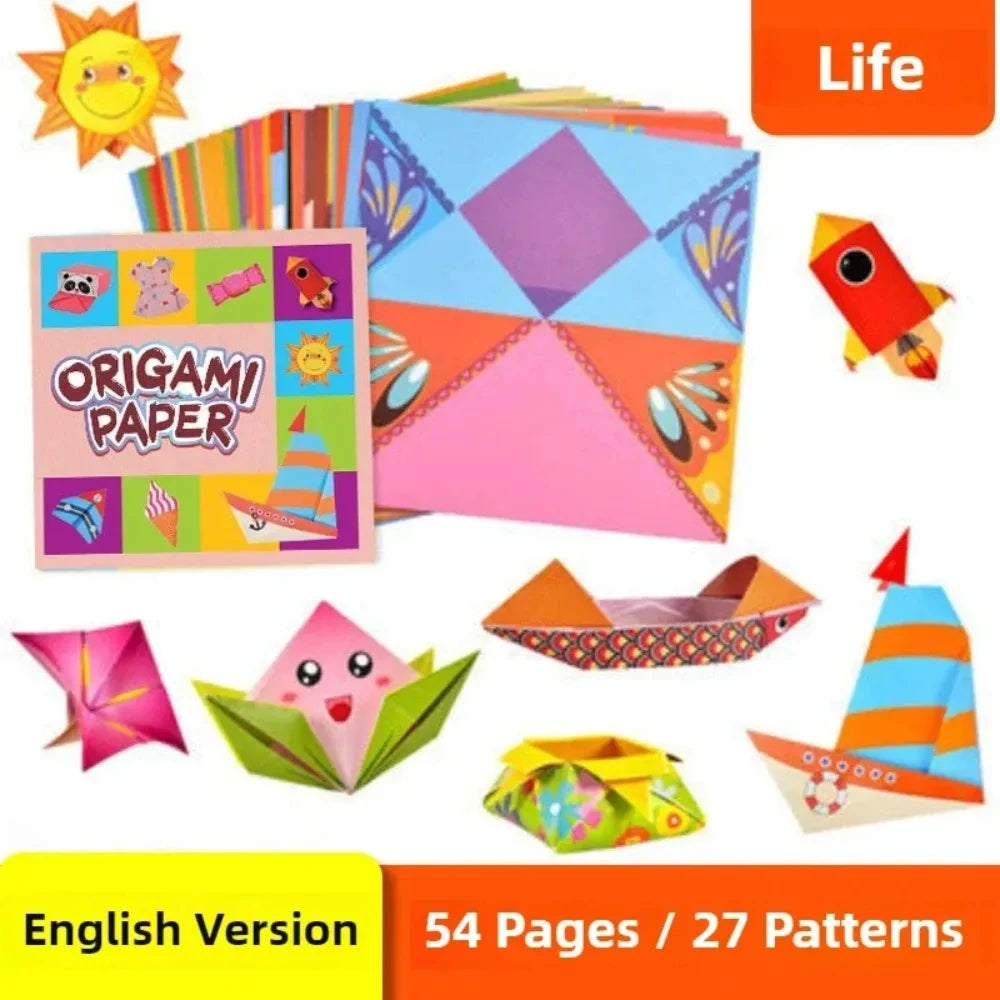 Origami paper craft kit showing colorful folded patterns and a yellow sun cutout