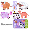 A set of six wooden animal puzzles featuring a cow, pig, lamb, and others, packaged with a storage box.