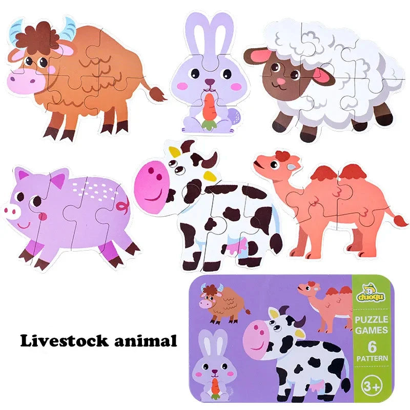 A set of six wooden animal puzzles featuring a cow, pig, lamb, and others, packaged with a storage box.