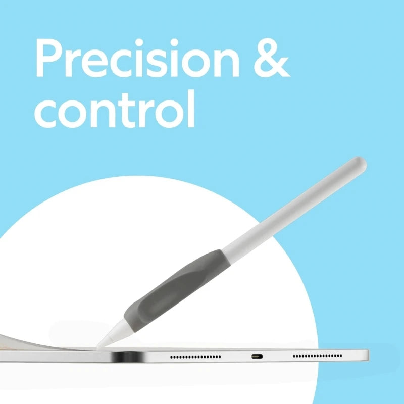 A silver digital pen with a gray silicone grip sleeve resting on a white surface.