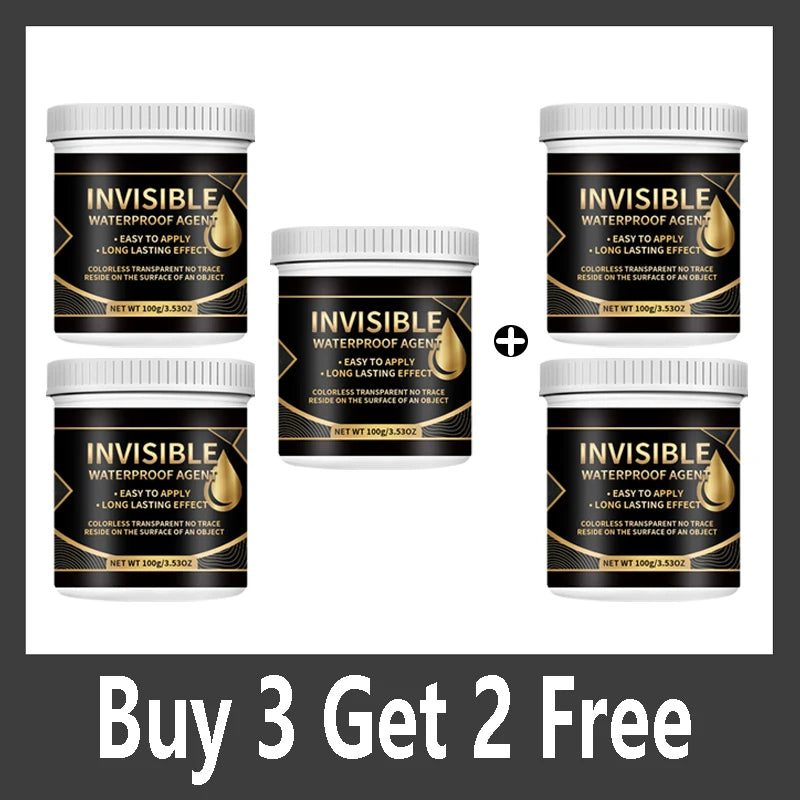 Three jars of Invisible Waterproof Agent sealant with gold-colored droppers shown for interior and exterior repairs
