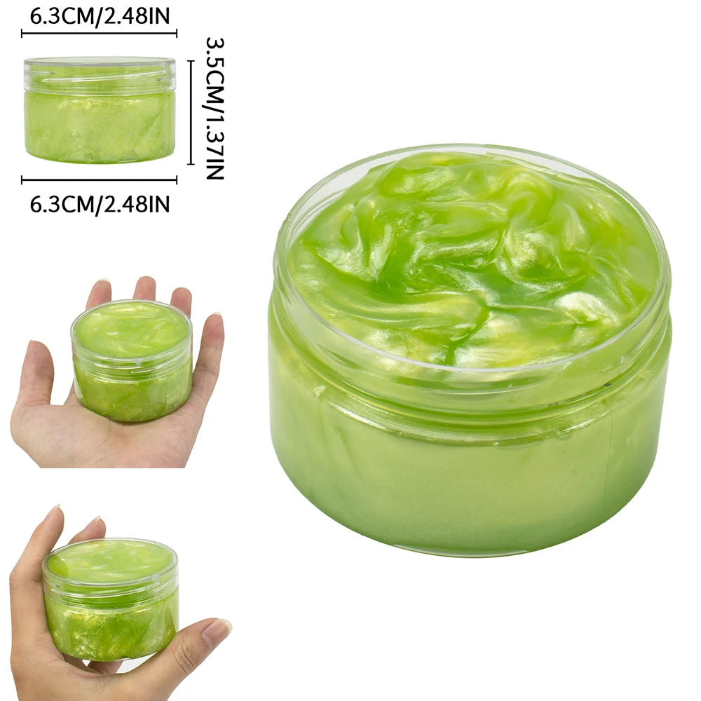 A jar of green slime putty with a lid, showing its texture and volume.