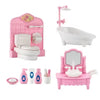 Pink dollhouse furniture set featuring a toilet, sink, and mirror for miniature rooms