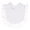 White soft cotton baby bib in a bandana style with ruffled edges
