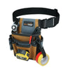 A brown tool belt with a black strap, featuring a gray pocket and a yellow 5m measuring tape roll.