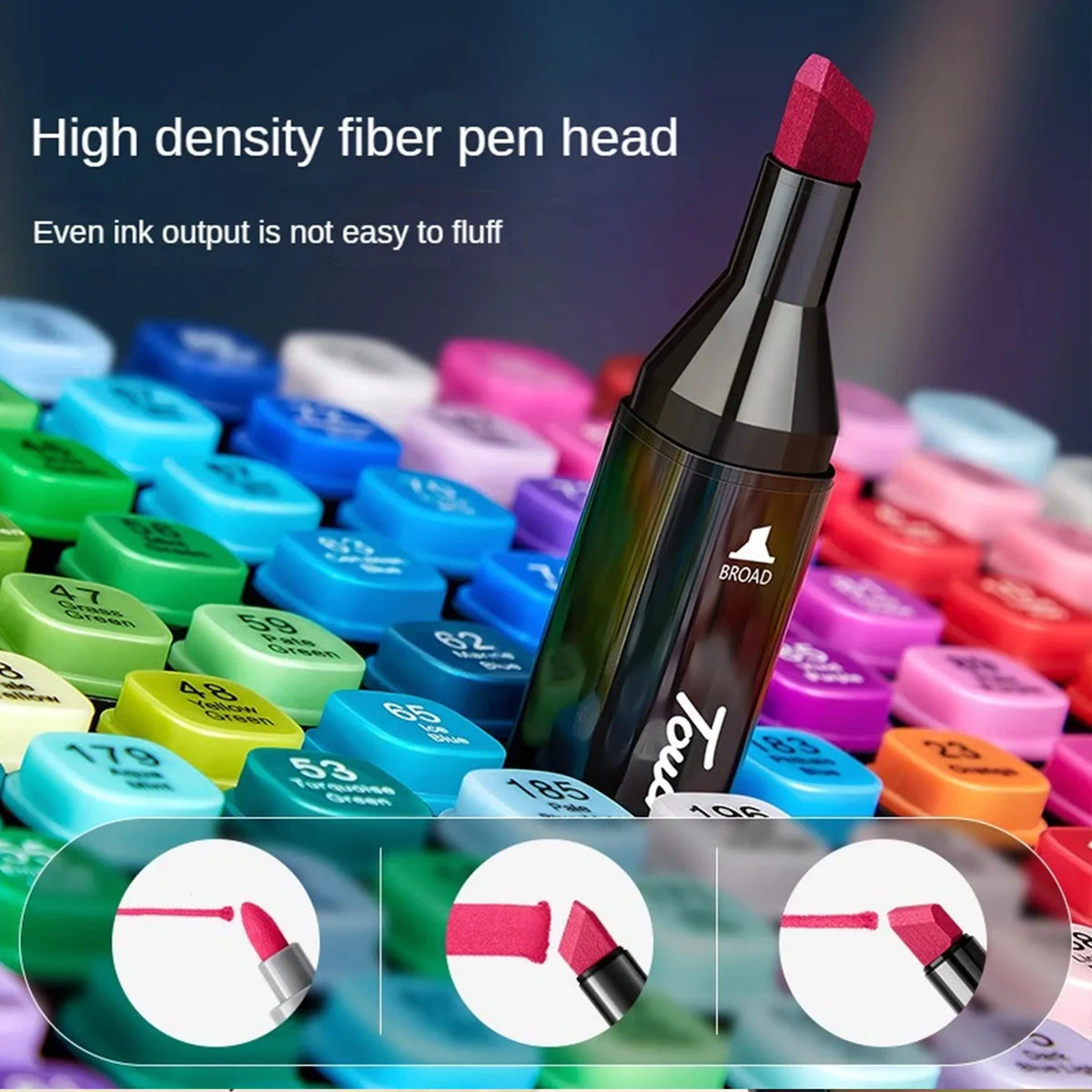 A close-up of a black pen with a high density fiber tip, surrounded by various colored alcohol markers.