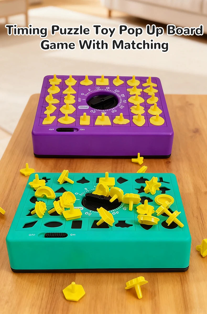 A purple timing puzzle toy board and a green matching game with yellow puzzle pieces on a wooden surface.