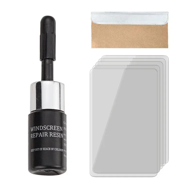 A bottle of windshield glass repair resin with a cardboard insert and a clear plastic sheet.