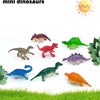 A collection of eight colorful mini dinosaur figurines displayed on green grass.