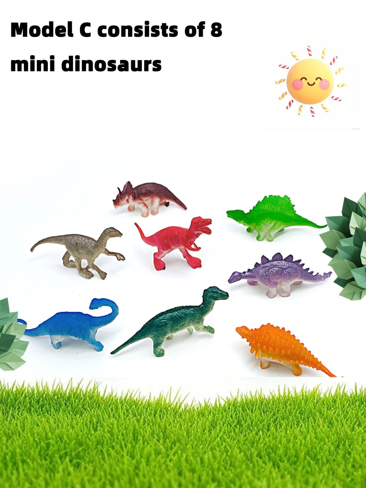 A collection of eight colorful mini dinosaur figurines displayed on green grass.