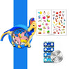 A blue dinosaur-themed digital watch with a silicone band and accompanying stickers.