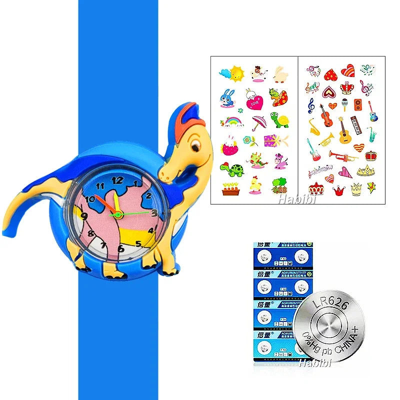 A blue dinosaur-themed digital watch with a silicone band and accompanying stickers.