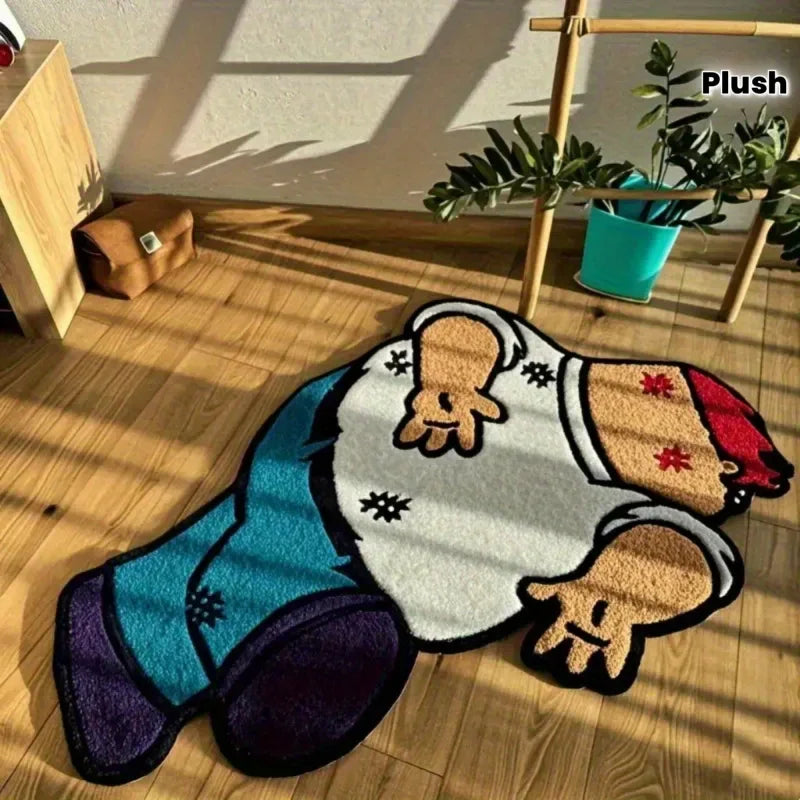 A plush cartoon carpet depicting a character in a white shirt and blue pants lying on a wooden floor.