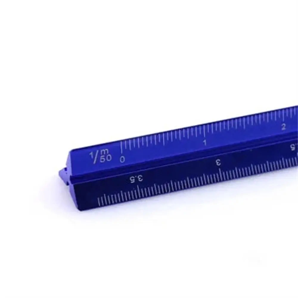 A blue precision aluminum triangular scale ruler with millimeter markings.