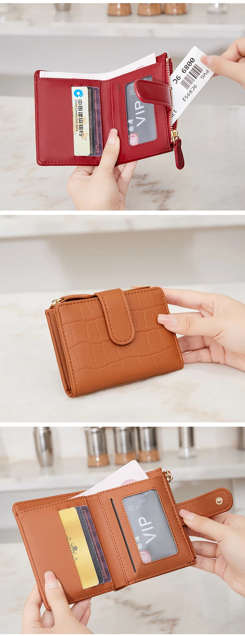 A close-up of a brown crocodile-embossed PU leather bifold wallet with a gold accent, shown being held by a hand.