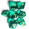 A collection of seven translucent green acrylic polyhedral dice showing various numbers and angles.