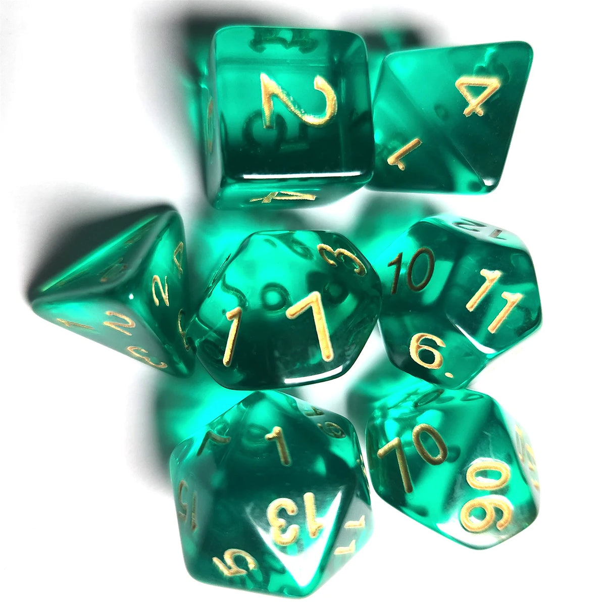 A collection of seven translucent green acrylic polyhedral dice showing various numbers and angles.