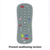 A gray silicone baby teether toy shaped like a TV remote with various buttons and features.