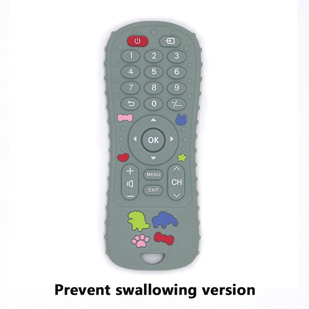 A gray silicone baby teether toy shaped like a TV remote with various buttons and features.