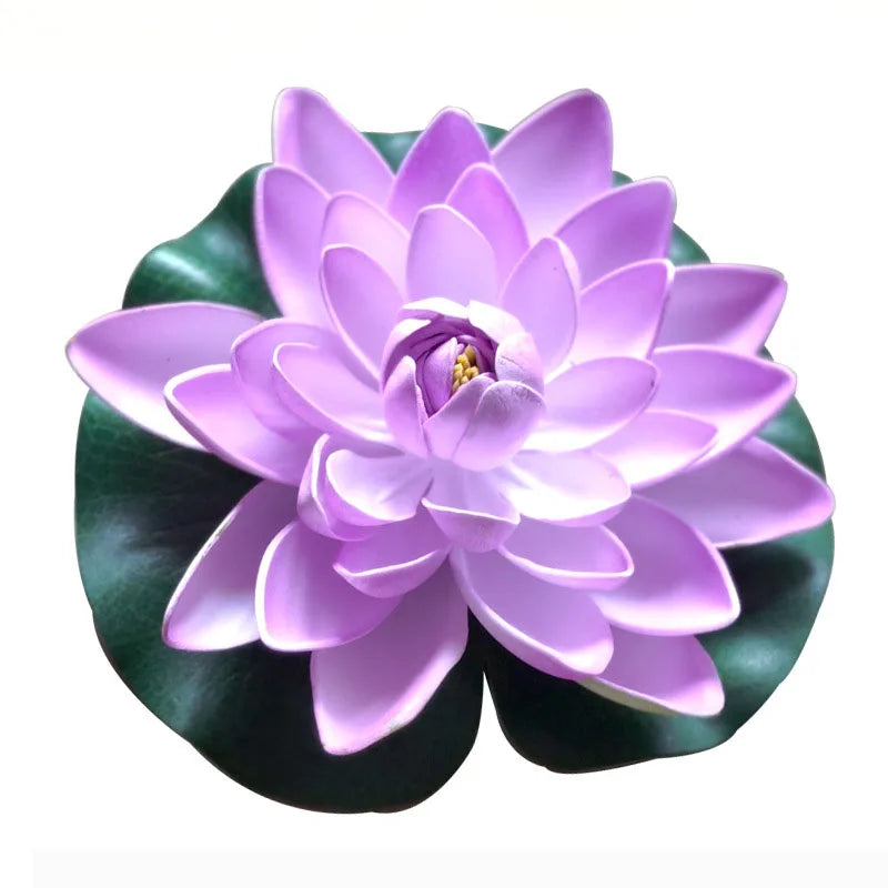 A vibrant purple lotus flower with green leaves used for pond and garden decor.