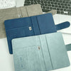 Un juego de tres carteras de pasaporte en cuero gris, azul y verde menta con tecnología RFID blocking.