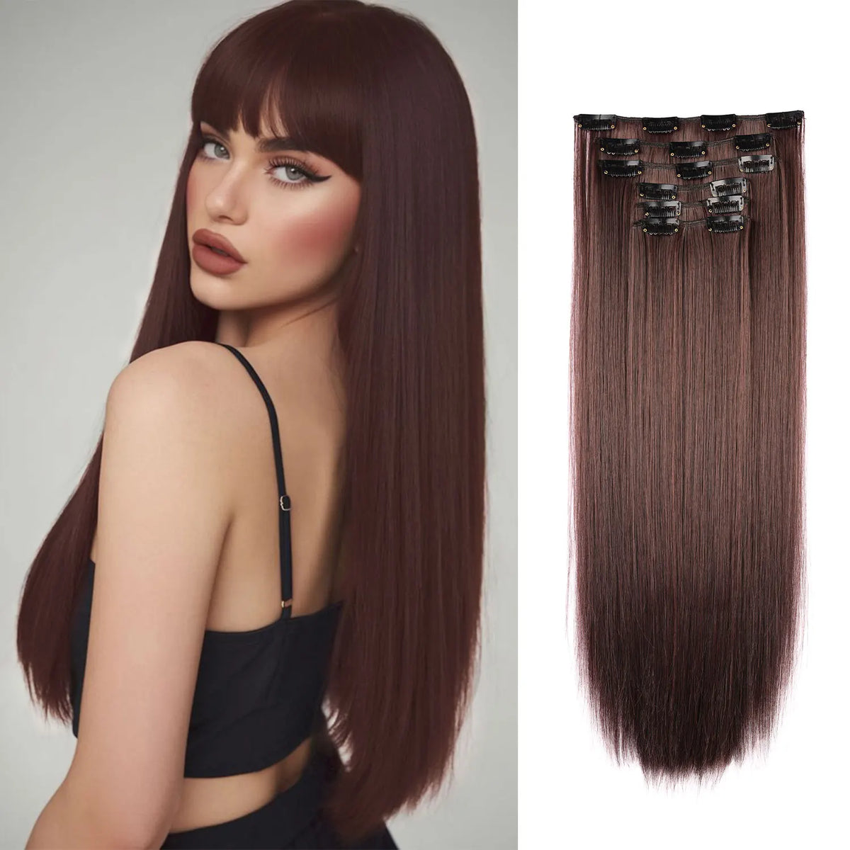 Gros plan d'une femme modélisant des extensions de cheveux clip-in droites de 22 pouces, couleur brun foncé.
