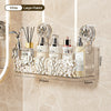 A wall-mounted storage basket with a water ripple design holds various glass bottles and tools.