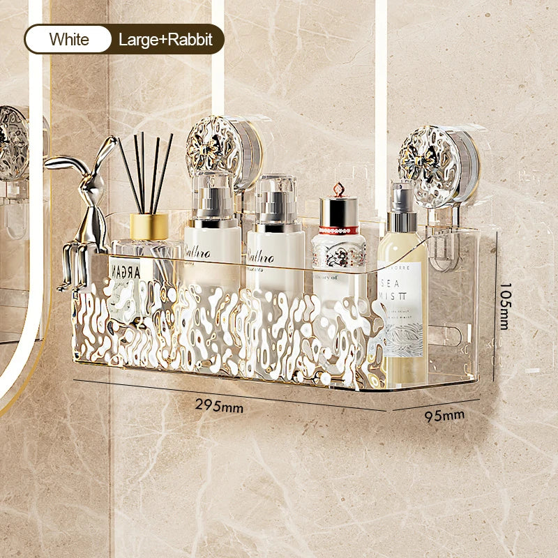 A wall-mounted storage basket with a water ripple design holds various glass bottles and tools.