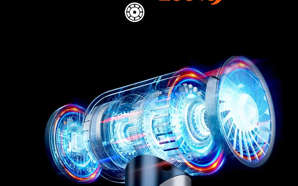 A close-up view of a futuristic blue and silver handheld car vacuum cleaner with visible mechanical components.