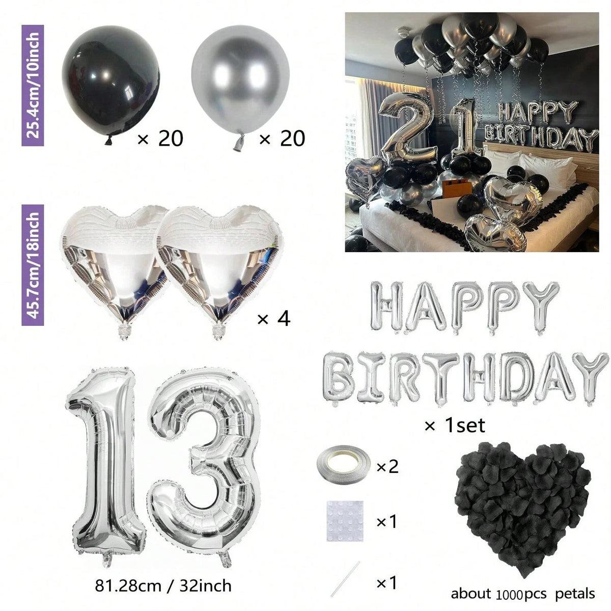 Setpartyballon-dekoration silberne und schwarze Ballons, herzförmige Folienballons und Zahlenballons