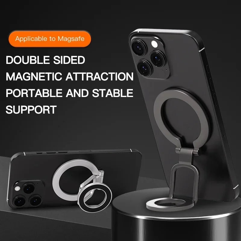 A black phone case is shown with a magnetic ring holder and kickstand attached, demonstrating double-sided magnetic attractio