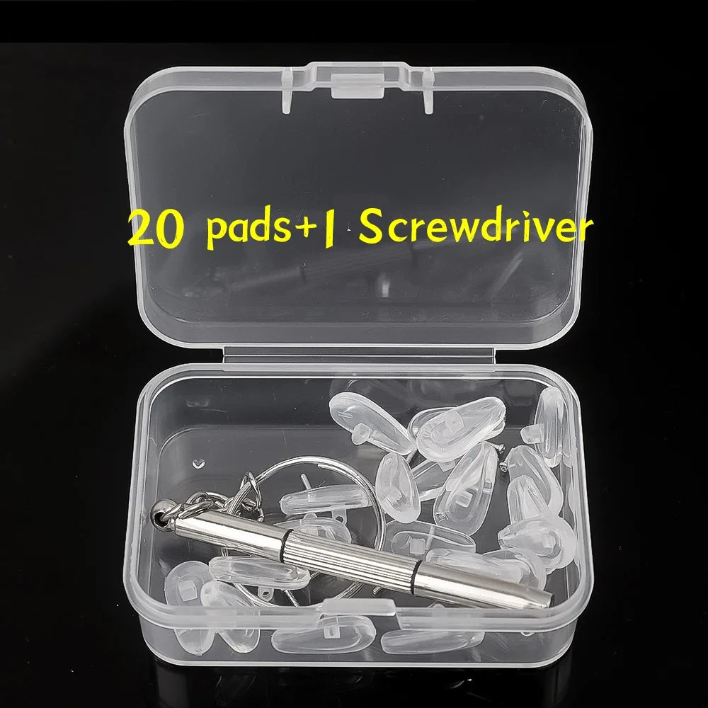 Clear storage box containing 20 nose pads and a screwdriver for glasses repair