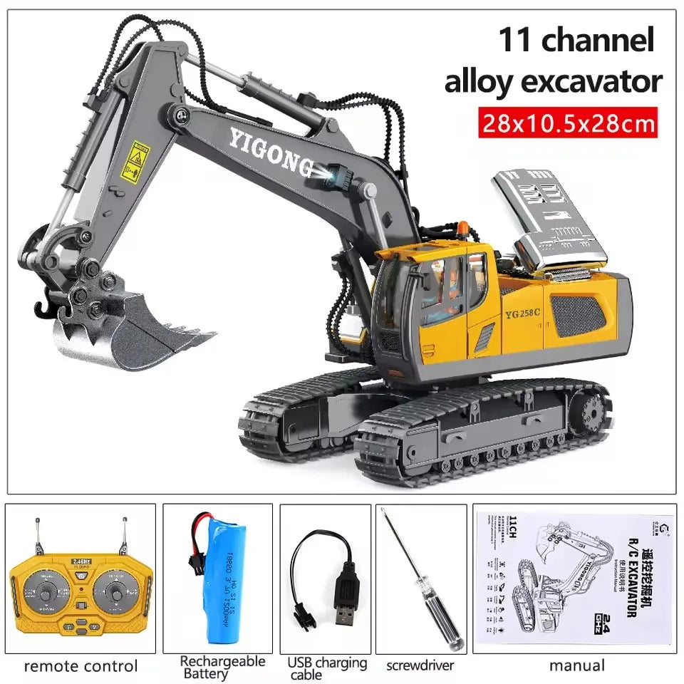 A yellow and gray 11 channel alloy excavator toy set with a remote control, battery, and USB charging cable.